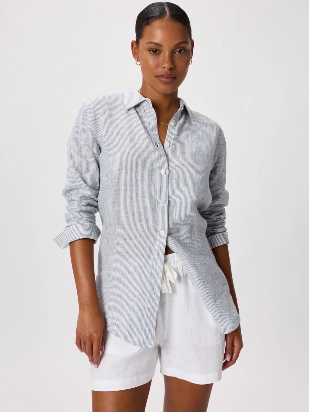 Quince 100% European Linen Long Sleeve Button Down in Blue Stripe
